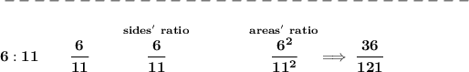 \bf -------------------------------\\\\ 6:11\qquad \cfrac{6}{11}\qquad \stackrel{sides'~ratio}{\cfrac{6}{11}}\qquad \qquad \stackrel{areas'~ratio}{\cfrac{6^2}{11^2}}\implies \cfrac{36}{121}