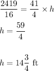 (2419)/(16)=(41)/(4)* h\\\\h=(59)/(4)\\\\\\h=14(3)/(4)\ \text{ft}