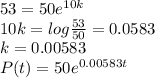 53=50e^(10k) \\10k = log (53)/(50) =0.0583\\k =0.00583\\P(t) = 50e^(0.00583t)