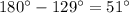 180^\circ-129^\circ=51^\circ