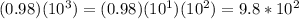 (0.98)(10^3)=(0.98)(10^1)(10^2)=9.8*10^2