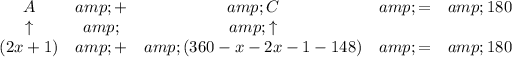 \bf \begin{array}{cccclllll} A&amp;+&amp;C&amp;=&amp;180\\ \uparrow &amp;&amp;\uparrow \\ (2x+1)&amp;+&amp;(360-x-2x-1-148)&amp;=&amp;180 \end{array}