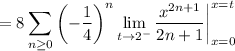 =\displaystyle8\sum_(n\ge0)\left(-\frac14\right)^n\lim_(t\to2^-)(x^(2n+1))/(2n+1)\bigg|_(x=0)^(x=t)