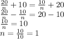 (20)/(n) +10 = (10)/(n) +20\\(20)/(n) -(10)/(n) &nbsp;= 20 - 10\\(10)/(n) &nbsp;= 10\\n = (10)/(10) =1\\