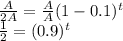 (A)/(2A)=(A)/(A)(1-0.1)^t\\(1)/(2) =(0.9)^t