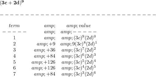 \bf (3c+2d)^9\\\\ -------------------------------\\\\ \begin{array}{crcll} term&amp;&amp;value\\ -----&amp;&amp;-----\\ 1&amp;&amp;(3c)^9(2d)^0\\ 2&amp;+9&amp;9(3c)^8(2d)^1\\ 3&amp;+36&amp;(3c)^7(2d)^2\\ 4&amp;+84&amp;(3c)^6(2d)^3\\ 5&amp;+126&amp;(3c)^5(2d)^4\\ 6&amp;+126&amp;(3c)^4(2d)^5\\ 7&amp;+84&amp;(3c)^3(2d)^6\\ \end{array}