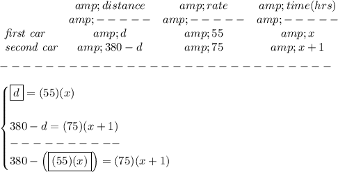 \bf \begin{array}{lccclll} &amp;distance&amp;rate&amp;time(hrs)\\ &amp;-----&amp;-----&amp;-----\\ \textit{first car}&amp;d&amp;55&amp;x\\ \textit{second car}&amp;380-d&amp;75&amp;x+1 \end{array}\\\\ -----------------------------\\\\ \begin{cases} \boxed{d}=(55)(x)\\\\ 380-d=(75)(x+1)\\ ----------\\ 380-\left( \boxed{(55)(x)} \right)=(75)(x+1) \end{cases}