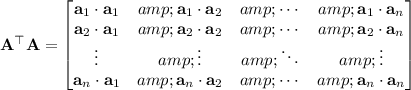 \mathbf A^\top\mathbf A=\begin{bmatrix}\mathbf a_1\cdot\mathbf a_1&amp;\mathbf a_1\cdot\mathbf a_2&amp;\cdots&amp;\mathbf a_1\cdot\mathbf a_n\\\mathbf a_2\cdot\mathbf a_1&amp;\mathbf a_2\cdot\mathbf a_2&amp;\cdots&amp;\mathbf a_2\cdot\mathbf a_n\\\vdots&amp;\vdots&amp;\ddots&amp;\vdots\\\mathbf a_n\cdot\mathbf a_1&amp;\mathbf a_n\cdot\mathbf a_2&amp;\cdots&amp;\mathbf a_n\cdot\mathbf a_n\end{bmatrix}