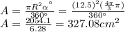 A=(\pi R^(2)\alpha^(\°))/(360\°)}= ((12.5)^(2)((4\pi)/(3)\pi ) )/(360\°)\\A= (2054.1)/(6.28) =327.08cm^(2)