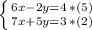 \left \{ {{6x-2y=4\:*(5)} \atop {7x+5y=3\:*(2)}} \right.