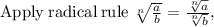 \mathrm{Apply\:radical\:rule\:}\sqrt[n]{(a)/(b)}=\frac{\sqrt[n]{a}}{\sqrt[n]{b}},\: