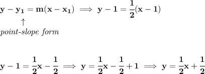 \bf y-{{ y_1}}={{ m}}(x-{{ x_1}})\implies y-1=\cfrac{1}{2}(x-1)\\ \left. \qquad \right. \uparrow\\ \textit{point-slope form} \\\\\\ y-1=\cfrac{1}{2}x-\cfrac{1}{2}\implies y=\cfrac{1}{2}x-\cfrac{1}{2}+1\implies y=\cfrac{1}{2}x+\cfrac{1}{2}