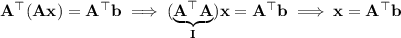 \mathbf A^\top(\mathbf{Ax})=\mathbf A^\top\mathbf b\implies(\underbrace{\mathbf A^\top\mathbf A}_(\mathbf I))\mathbf x=\mathbf A^\top\mathbf b\implies\mathbf x=\mathbf A^\top\mathbf b