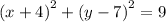 \left(x+4\right)^2+\left(y-7\right)^2=9