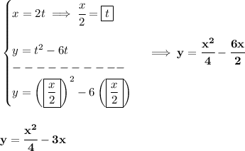 \bf \begin{cases} x=2t\implies \cfrac{x}{2}=\boxed{t}\\\\ y=t^2-6t\\ ----------\\ y=\left( \boxed{(x)/(2)} \right)^2-6\left( \boxed{(x)/(2)} \right) \end{cases}\implies y=\cfrac{x^2}{4}-\cfrac{6x}{2} \\\\\\ y=\cfrac{x^2}{4}-3x