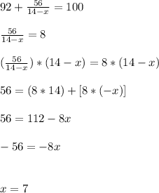 92+(56)/(14-x)=100\\\\(56)/(14-x)=8\\\\((56)/(14-x))*(14-x)=8*(14-x)\\\\56=(8*14)+[8*(-x)]\\\\56=112-8x\\\\-56=-8x\\\\\\x=7