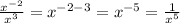 (x^(-2))/(x^3)=x^(-2-3)=x^(-5)=(1)/(x^5)