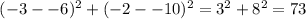 \qquad (-3- -6)^2 + (-2- -10)^2 = 3^2+8^2= 73 \qquad