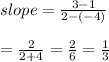 slope= (3-1)/(2-(-4)) \\ \\ = (2)/(2+4) = (2)/(6) = (1)/(3)