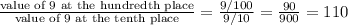 \frac{\text{value of 9 at the hundredth place}}{\text{value of 9 at the tenth place}}=(9/100)/(9/10)=(90)/(900)=\fra{1}{10}