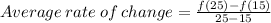 Average\:rate\:of\:change=(f(25)-f(15))/(25-15)