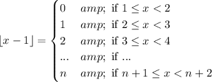 \left \lfloor x-1 \right \rfloor=\begin{cases}0 &amp; \text{ if } 1\leq x<2 \\ 1 &amp; \text{ if } 2\leq x<3 \\ 2&amp; \text{ if } 3\leq x<4 \\ ... &amp; \text{ if } ...\\ n &amp; \text{ if } n+1\leq x<n+2 \end{cases}