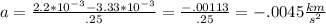 a=(2.2*10^(-3)-3.33*10^(-3))/(.25)=(-.00113)/(.25)=-.0045(km)/(s^2)