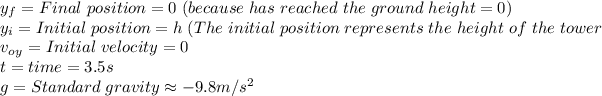 y_f=Final\hspace{3}position=0\hspace{3}(because\hspace{3}has\hspace{3}reached\hspace{3}the\hspace{3}ground\hspace{3}height=0)\\y_i=Initial\hspace{3}position=h\hspace{3}(The\hspace{3}initial\hspace{3}position\hspace{3}represents\hspace{3}the\hspace{3}height\hspace{3}of\hspace{3}the\hspace{3}tower\\v_o_y=Initial\hspace{3}velocity=0\\t=time=3.5s\\g=Standard\hspace{3}gravity \approx-9.8m/s^2