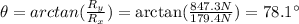 \theta=arctan((R_y)/(R_x))=\arctan((847.3 N)/(179.4 N))=78.1^(\circ)