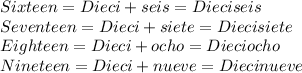 Sixteen=Dieci+seis=Dieciseis\\Seventeen=Dieci+siete=Diecisiete\\Eighteen=Dieci+ocho=Dieciocho\\Nineteen=Dieci+nueve=Diecinueve