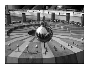 The photograph below shows a Foucault pendulum at a museum. The pendulum knocks over-example-1