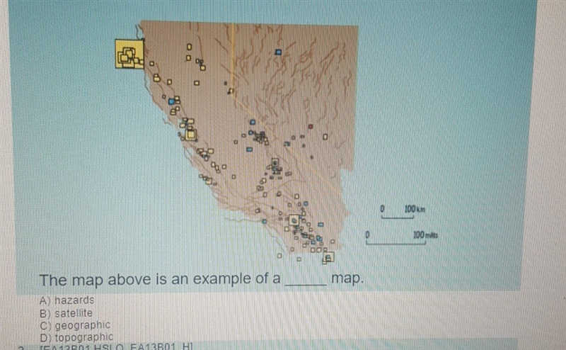 The map is an example of a ____ map A) Hazards B) Satellite C) Geographic D) Topographic-example-1