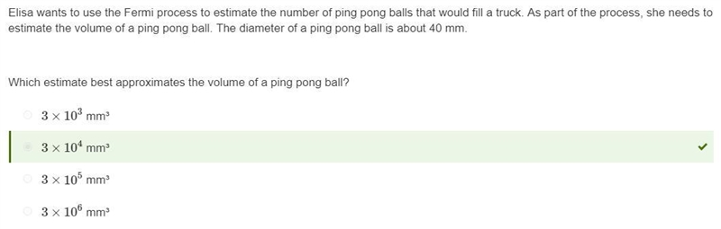 Elisa wants to use the Fermi process to estimate the number of ping pong balls that-example-1