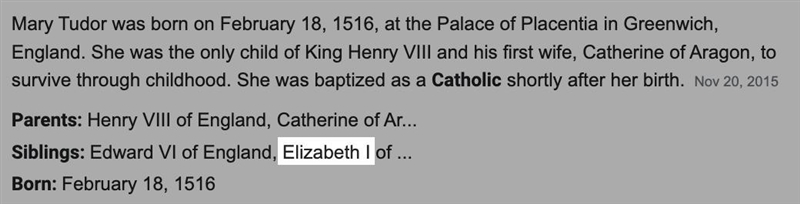 This monarch had a half sister who was Catholic. A. Henry VIII B. Elizabeth I C. the-example-1