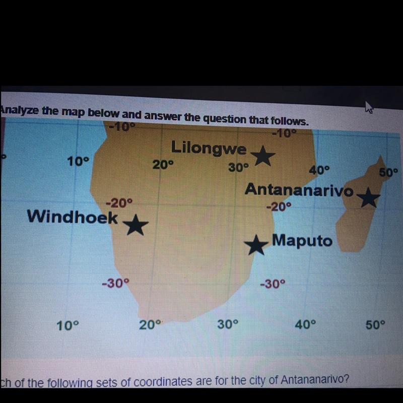 Which of the following set of coordinates are for the city of Antananarivo A. 25° S-example-1