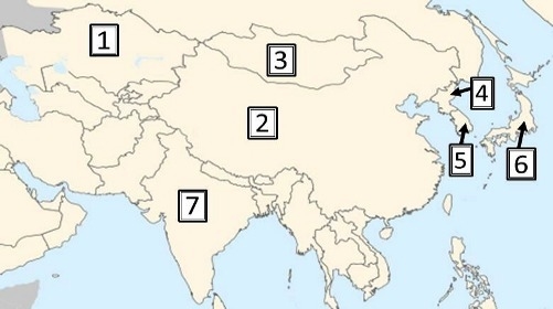 Which of the countries on the map above is China? A. number 1 B. number 2 C. number-example-1