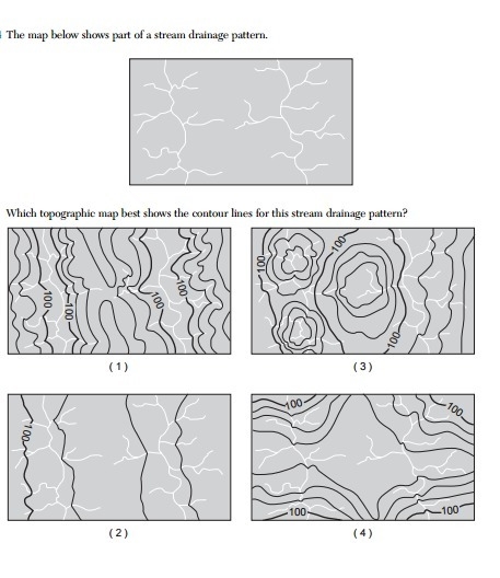 The map below shows part of a stream drainage pattern. Which topographic map best-example-1