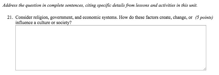 Consider religion, government, and economic systems. How do these factors create, change-example-1