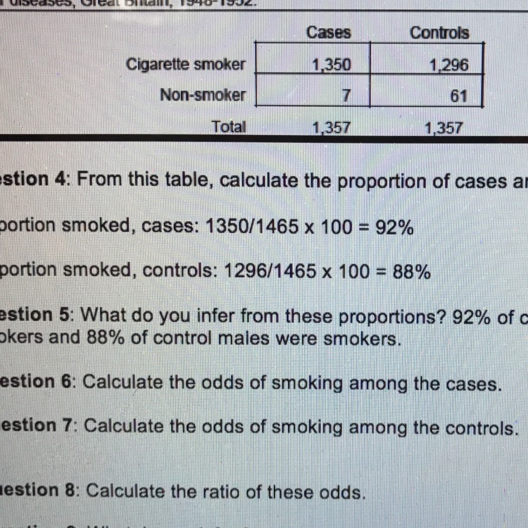 Calculate the odds of smoking cases and controls and the radio of these odds-example-1