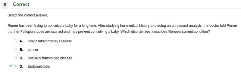 Question 2 of 5 Instructions:Select the correct answer. Renee has been trying to conceive-example-1