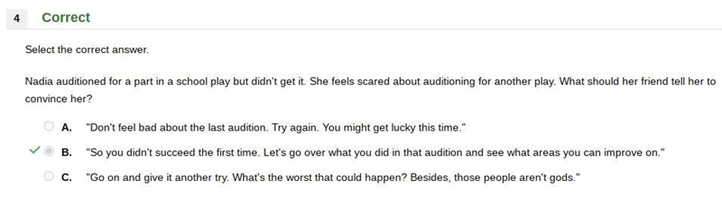 nadia auditioned for a part in a school play but didn't get it. she feels scared about-example-1