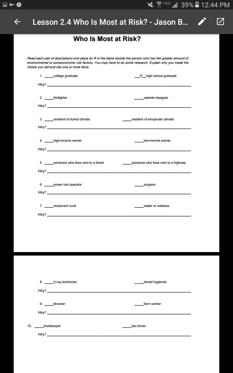 Who is most a risk worksheet part one and two-example-1