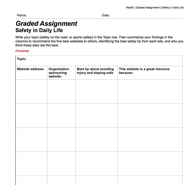 Write your topic (safety on the road, or sports safety) in the Topic row. Then summarize-example-1