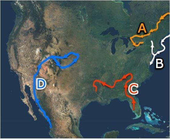 7. Which route is showing the path traveled by explorer Hernando de Soto?-example-1