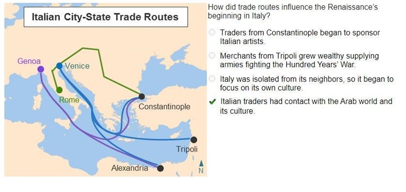 How did trade routes influence the renaissance's beginning in Italy-example-1