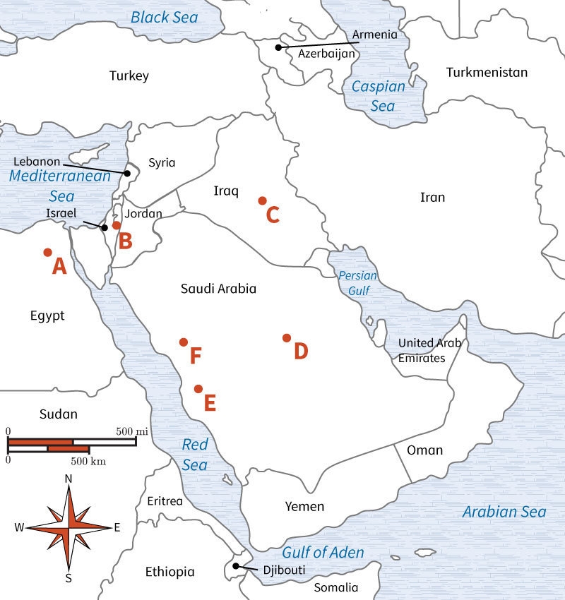 Which letters show the correct location of Mecca and Medina, in that order? A. B, E-example-1