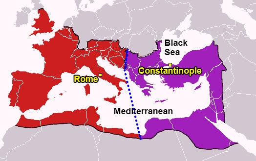 How was the Roman Empire affected by the division shown in this map? A.The division-example-1