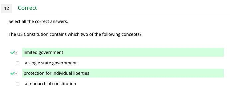 The US Constitution contains which two of the following concepts? limited government-example-1