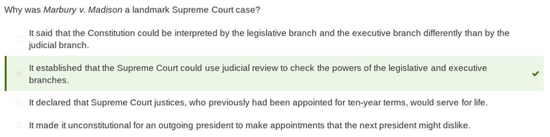 The U.S. Supreme Court decision in Marbury v. Madison established that ? A.the legislative-example-1