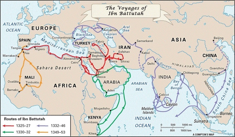 Arrange the places according to when Ibn Battuta traveled there Mali, China, Baghdad-example-1